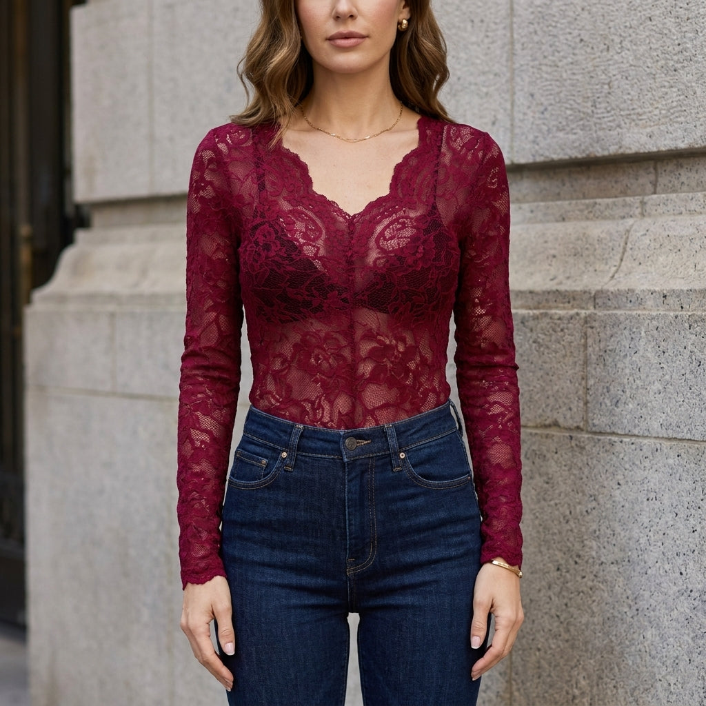 Floral Lace Long Sleeve Top for Women – Elegant Feminine Charm