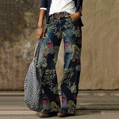 Woman Pants - High-Waisted Wide-Leg - Floral Print - Airy and Comfortable