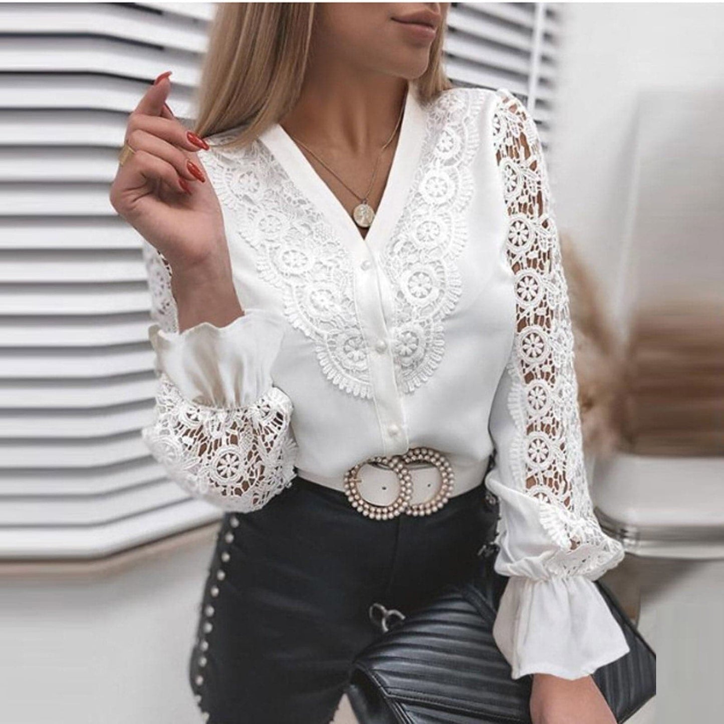Women's Blouse - Elegant Lace - Button Closure - Long Sleeves with Cuff