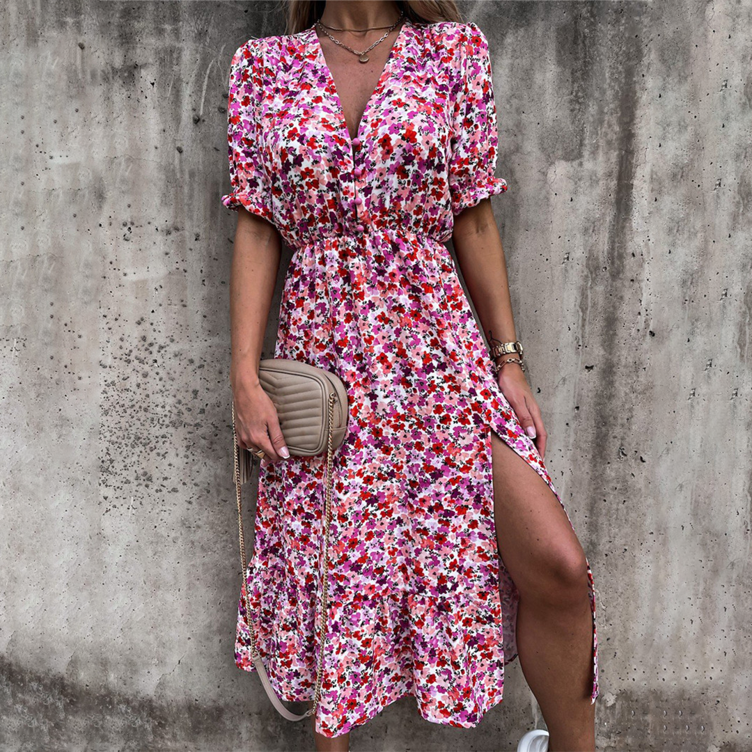 Women's Midi Dress - V-neck - Short Puff Sleeves - Fitted Waist - Floral Print - Slit