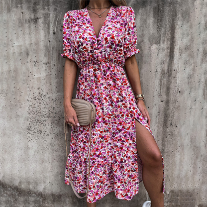 Women's Midi Dress - V-neck - Short Puff Sleeves - Fitted Waist - Floral Print - Slit