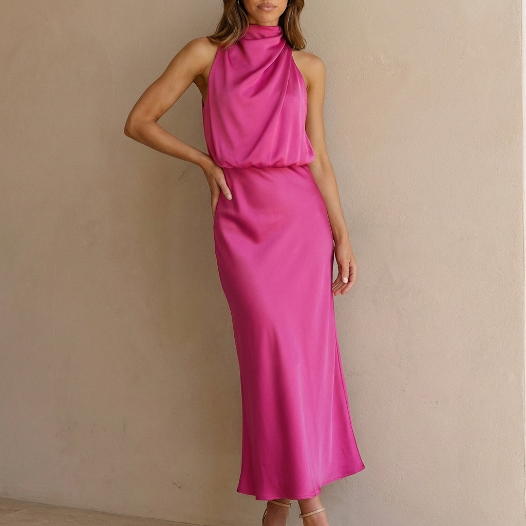 Draped Twisted Neck Blouson A-Line Maxi Dress for Women – Elegant Formal Style