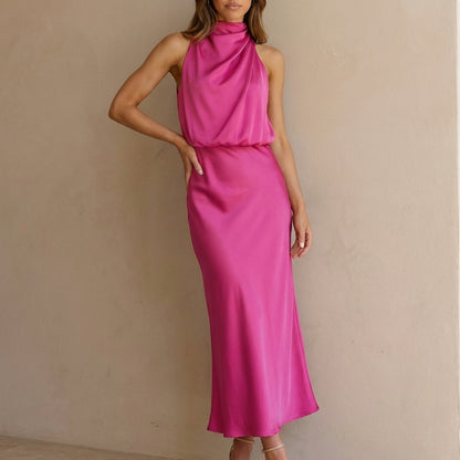 Draped Twisted Neck Blouson A-Line Maxi Dress for Women – Elegant Formal Style
