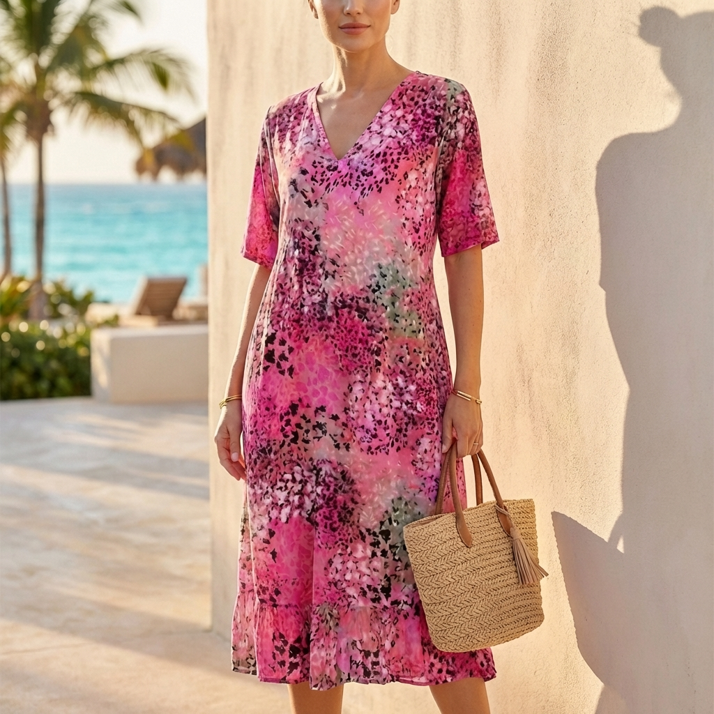 Printed V-Neck Midi Dress for Women – Effortless Comfort & Everyday Elegance