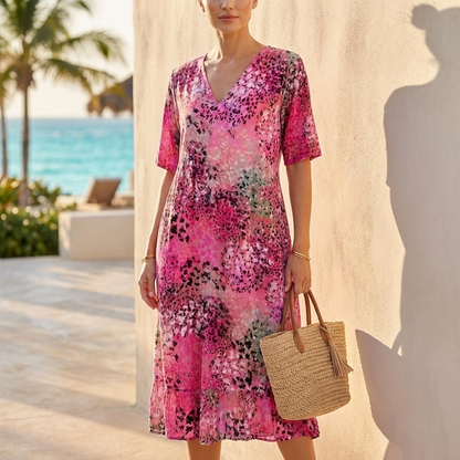 Printed V-Neck Midi Dress for Women – Effortless Comfort & Everyday Elegance