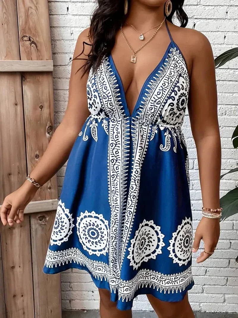 Women's Dress - Halterneck V-Neckline - Empire Waist - Bohemian Pattern - Short Length