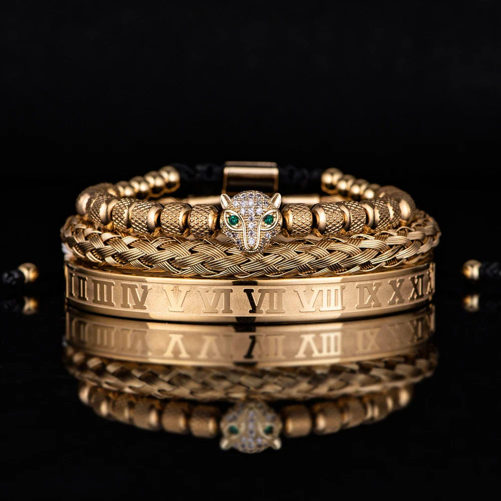 Benjamin Two-Piece Set | Beaded Panther Charm Braided Cuff Bracelet Set