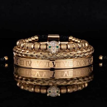 Benjamin Two-Piece Set | Beaded Panther Charm Braided Cuff Bracelet Set