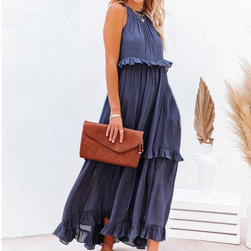 Women's Maxi Dress - Sleeveless Long Model - Airy Design with Ruffle Details