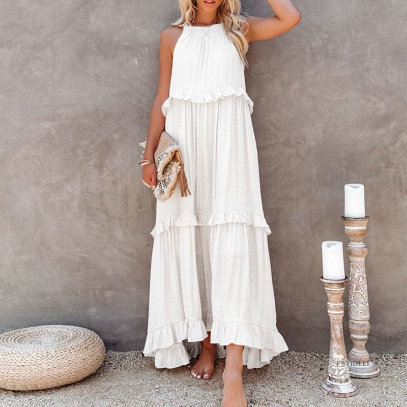 Women's Maxi Dress - Sleeveless Long Model - Airy Design with Ruffle Details