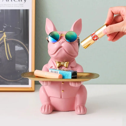 Contemporary Bulldog Figurine Tray with Gold Bow Tie
