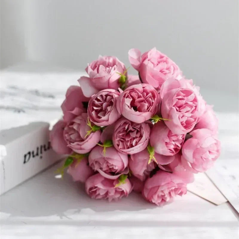 Minimalist Silk Peony Bouquet with Glass Vase