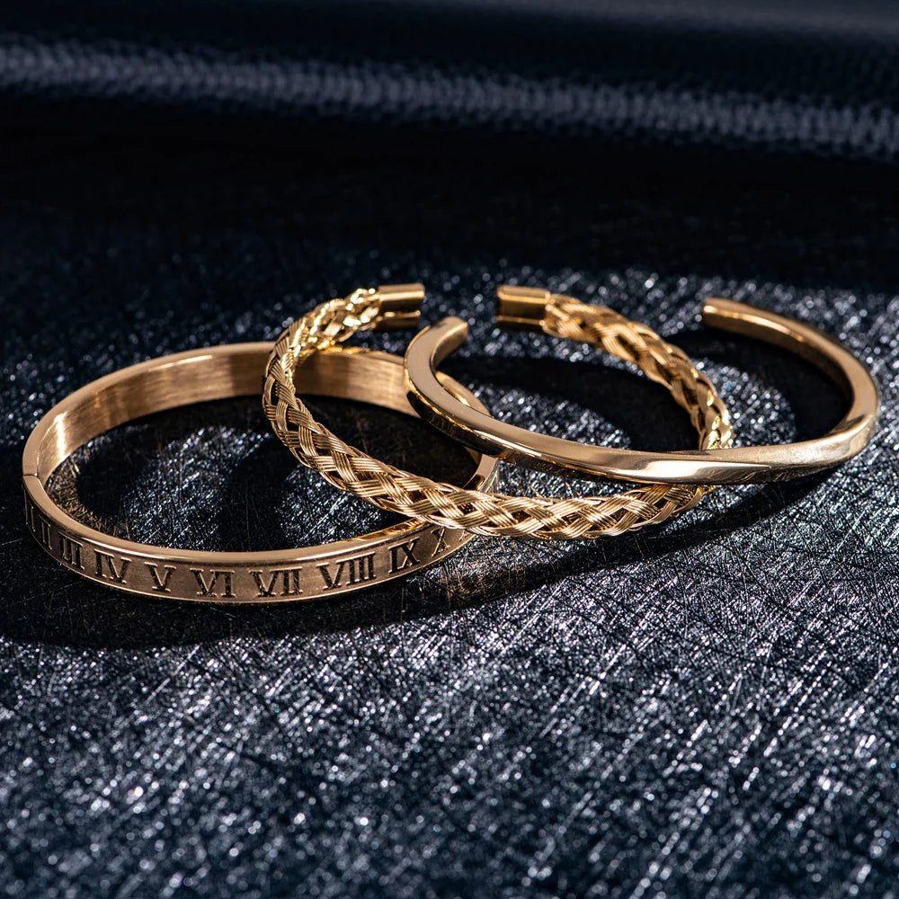 Oliver Bracelet Set | Open-Ended Braided Engraved Solid Bracelet Three-Piece Set