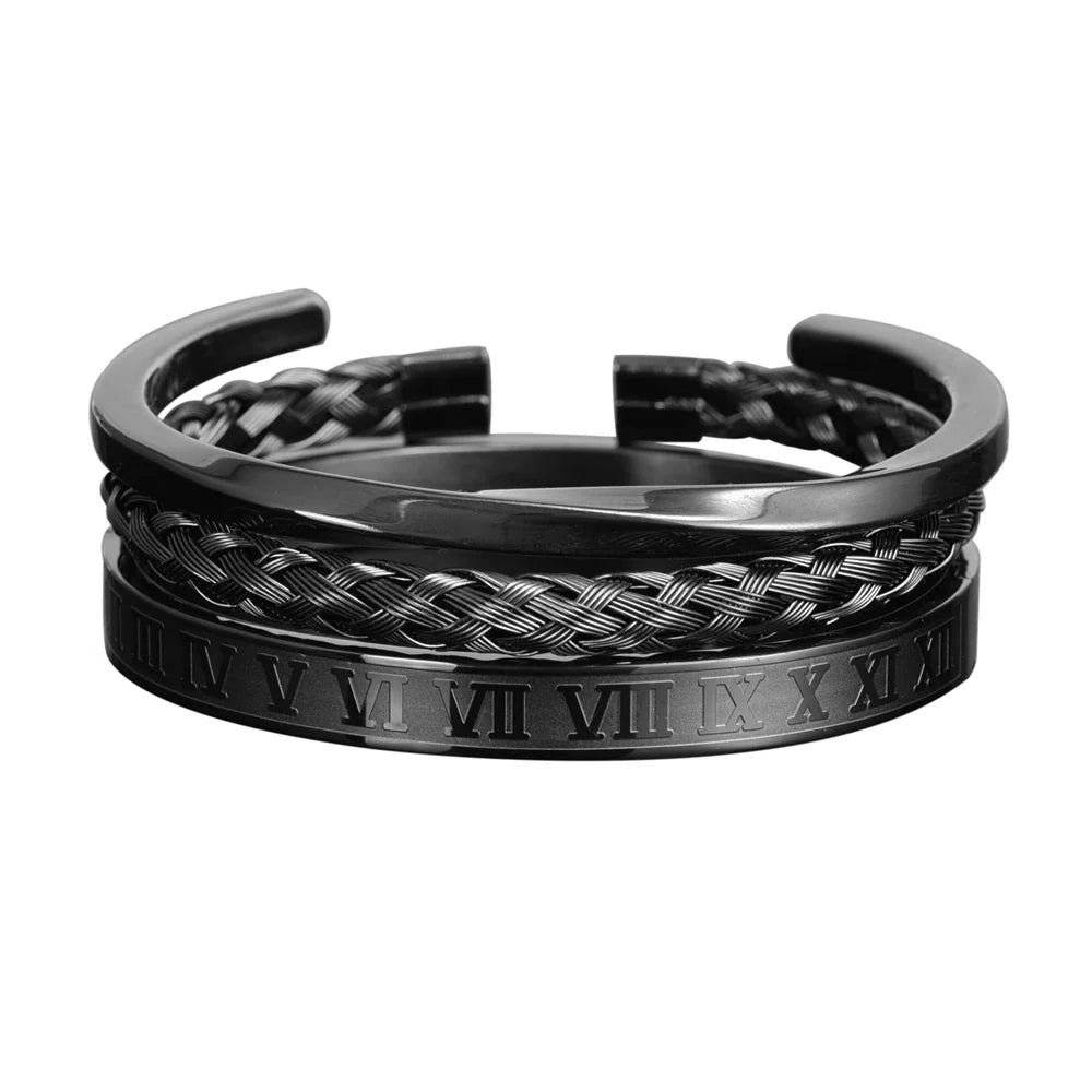 Oliver Bracelet Set | Open-Ended Braided Engraved Solid Bracelet Three-Piece Set