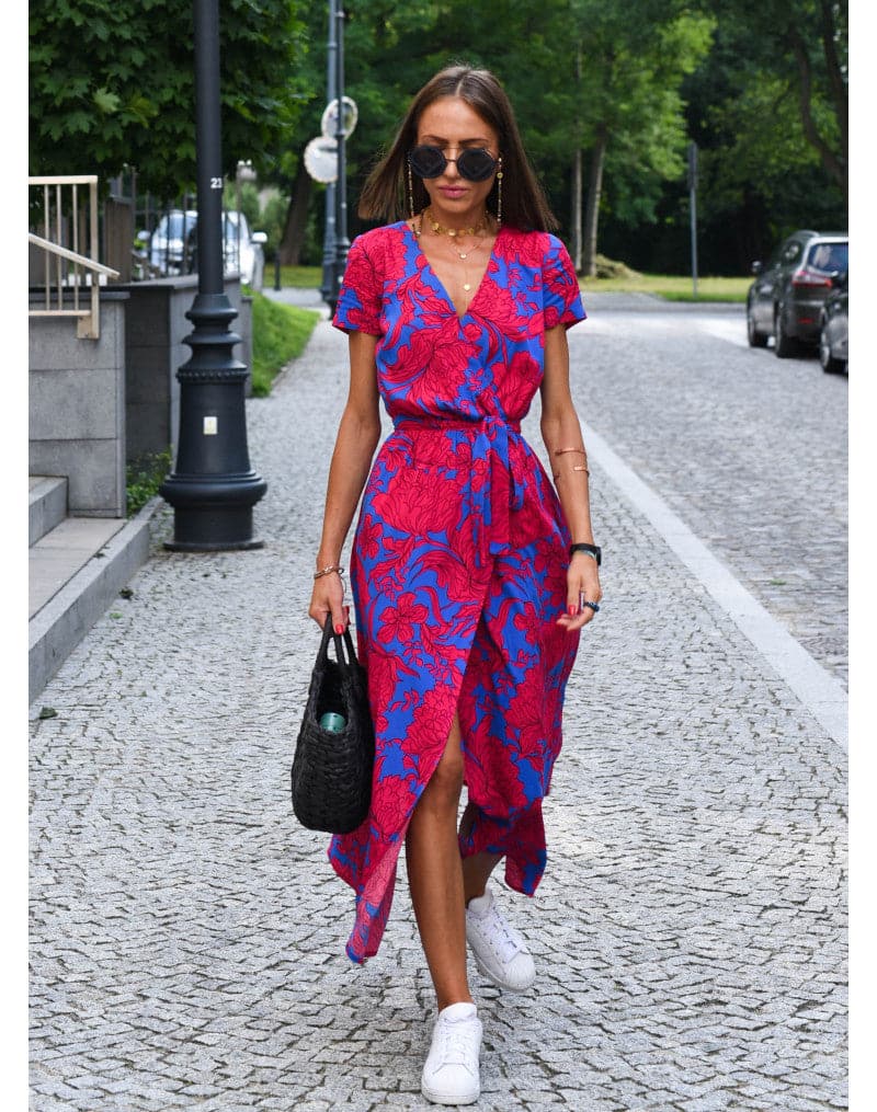 Women's Wrap Dress - Floral Print - V-Neck - Short Sleeves - Midi Length with Slit