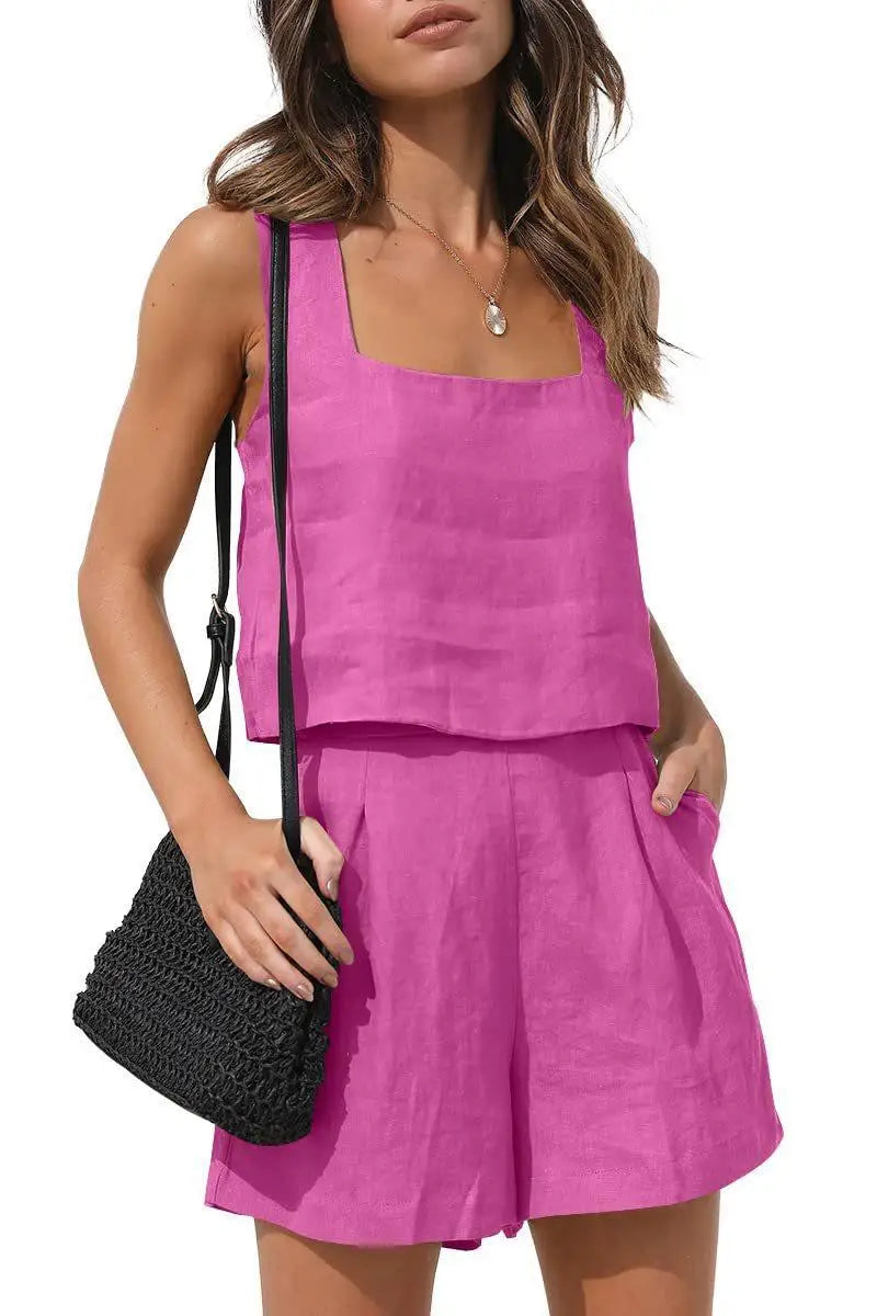 Women's Set – Sleeveless Top with Square Neckline – High-Waisted Shorts with Pleats – Light and Airy