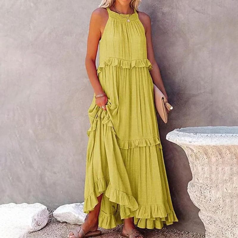 Women's Maxi Dress - Sleeveless Long Model - Airy Design with Ruffle Details