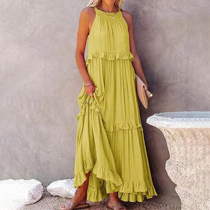 Women's Maxi Dress - Sleeveless Long Model - Airy Design with Ruffle Details