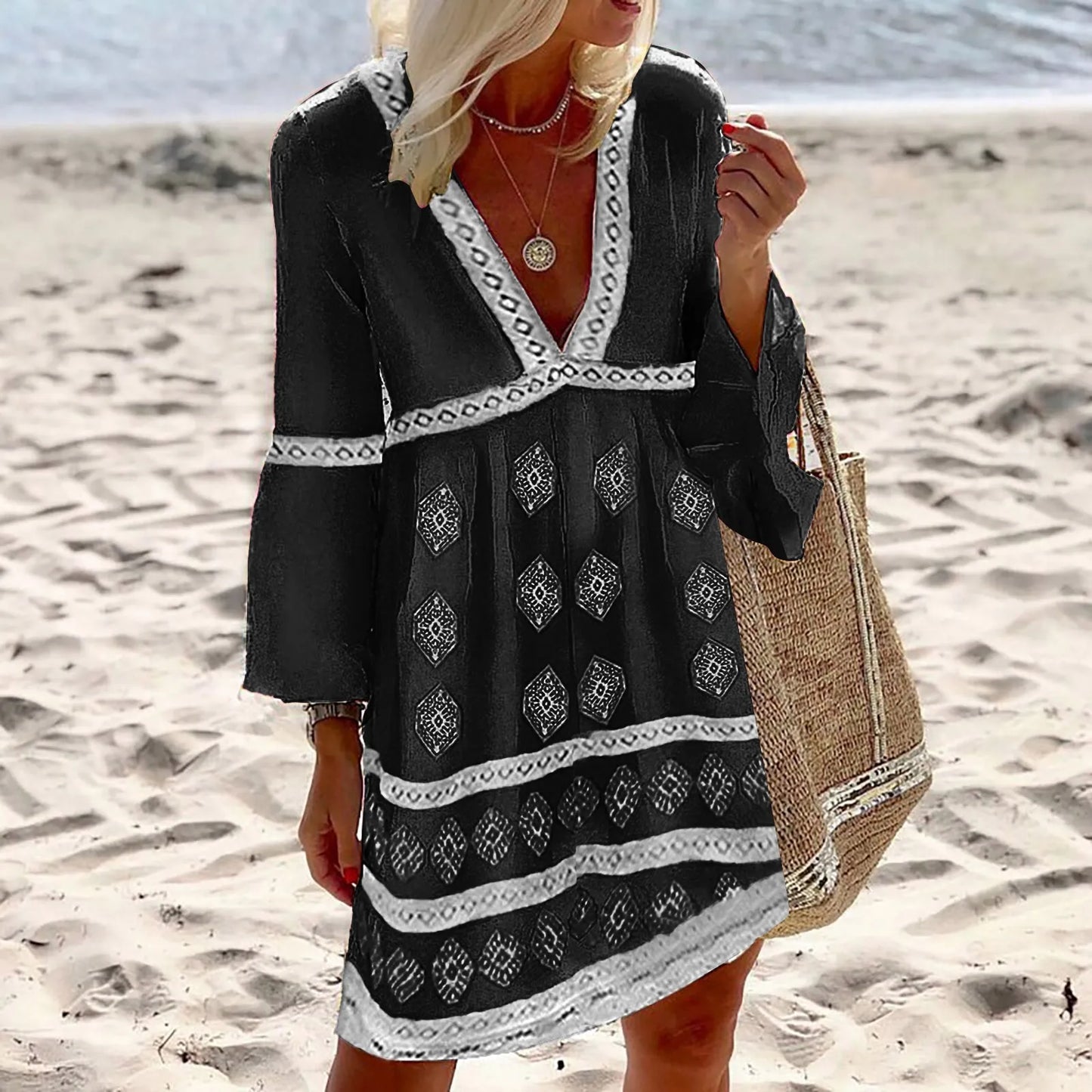 Women's Beach Dress - Loose Fit - V-Neck with Pattern - Ruffle Sleeves Bohemian Style