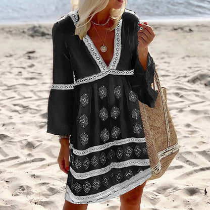 Women's Beach Dress - Loose Fit - V-Neck with Pattern - Ruffle Sleeves Bohemian Style