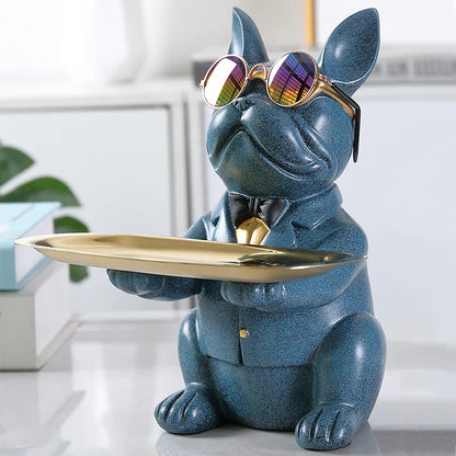 Contemporary Bulldog Figurine Tray with Gold Bow Tie
