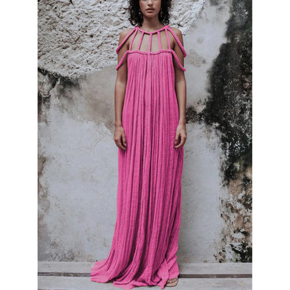 Maxi Dress for Women – Flexible Braided Straps – Pleated Fabric – Elegant Loose Fit