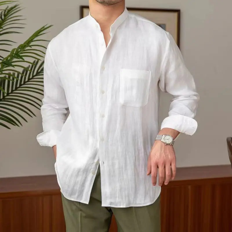 Men's Shirt – Relaxed Fit – Linen – Mandarin Collar – Long Sleeves – Button Closure