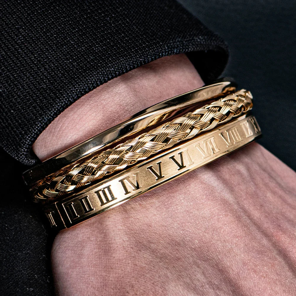 Oliver Bracelet Set | Open-Ended Braided Engraved Solid Bracelet Three-Piece Set