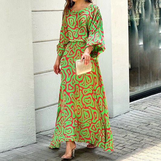 Women's Long Dress - Loose Fit - Round Neck - 3/4 Sleeves - Light and Airy
