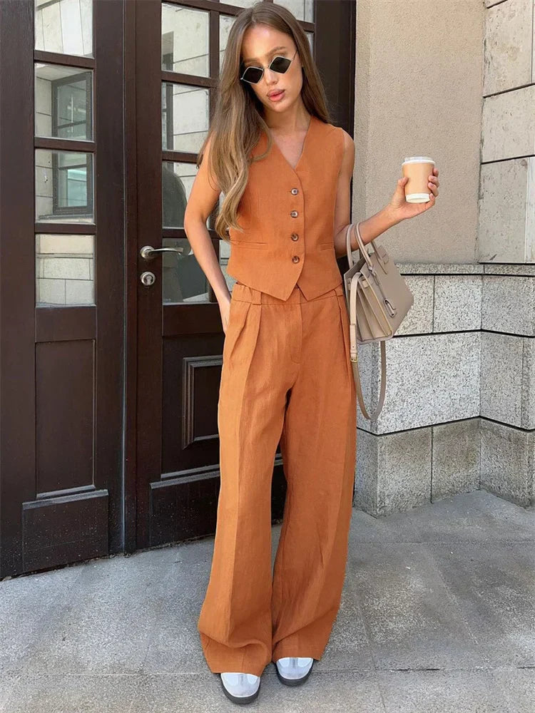Tailored Fit Vest & Relaxed Wide Leg Trousers Set for Women – Casual Comfort & Style