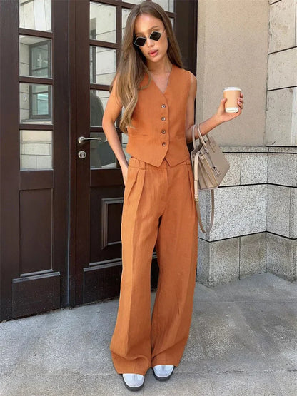 Tailored Fit Vest & Relaxed Wide Leg Trousers Set for Women – Casual Comfort & Style