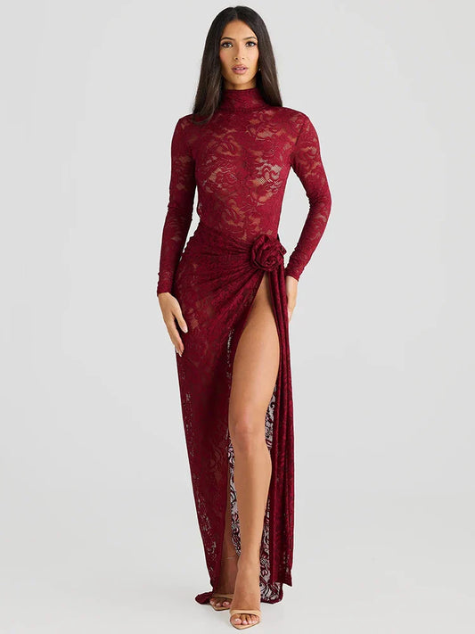 Dress for Women – Lace – Bodycon Fit – High Neck – Long Sleeves – Slit with Flower