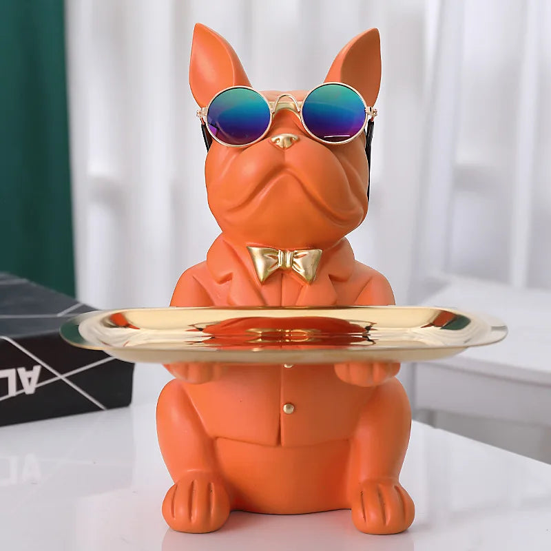 Contemporary Bulldog Figurine Tray with Gold Bow Tie