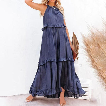 Women's Maxi Dress - Sleeveless Long Model - Airy Design with Ruffle Details