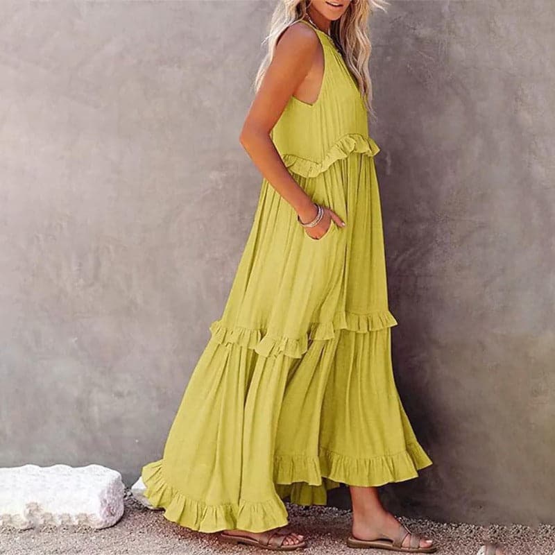 Women's Maxi Dress - Sleeveless Long Model - Airy Design with Ruffle Details