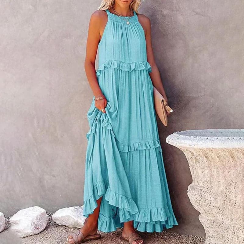 Women's Maxi Dress - Sleeveless Long Model - Airy Design with Ruffle Details