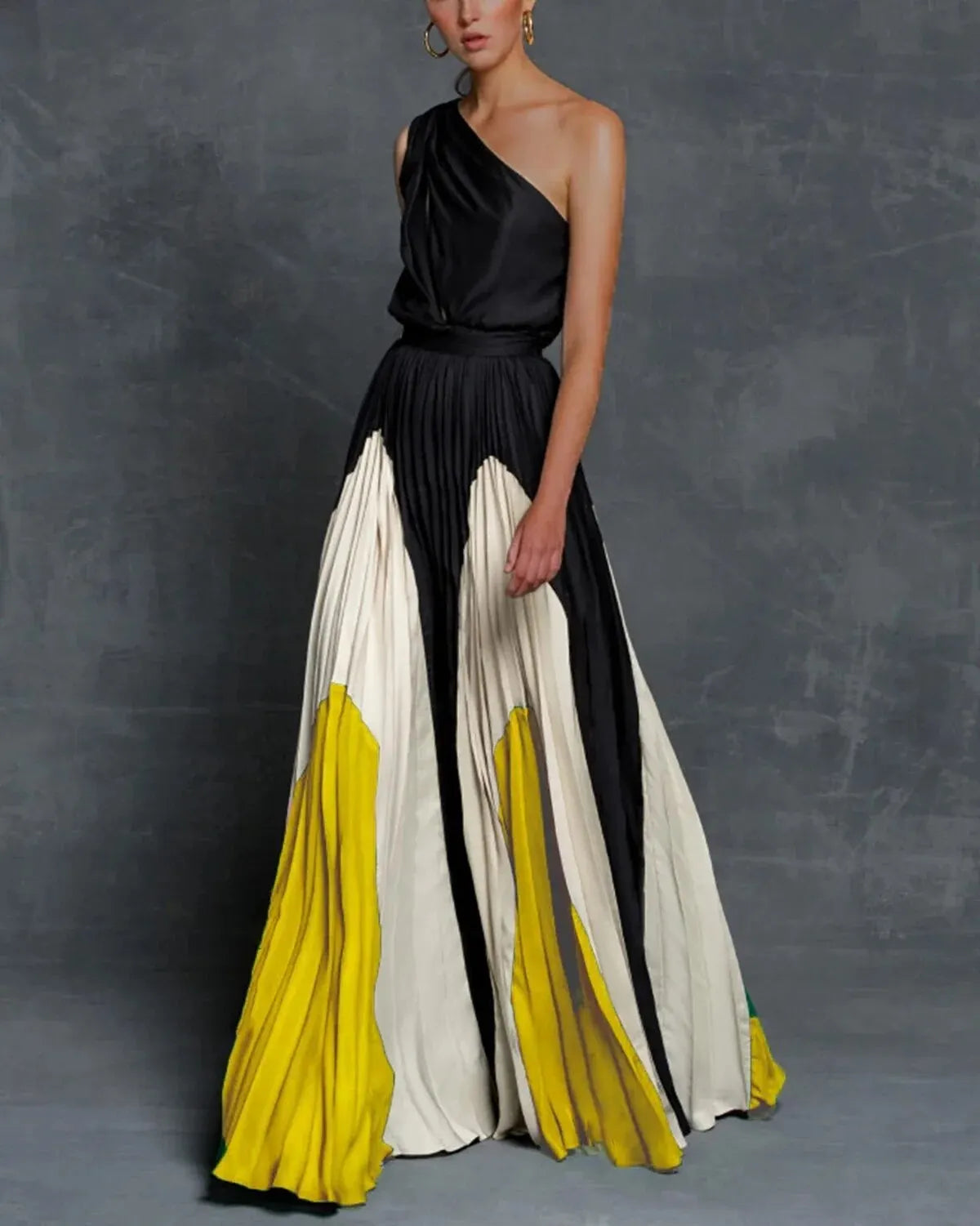 Women Maxi Dress - Asymmetric One-Shoulder - Pleated Elegance - Evening Dress