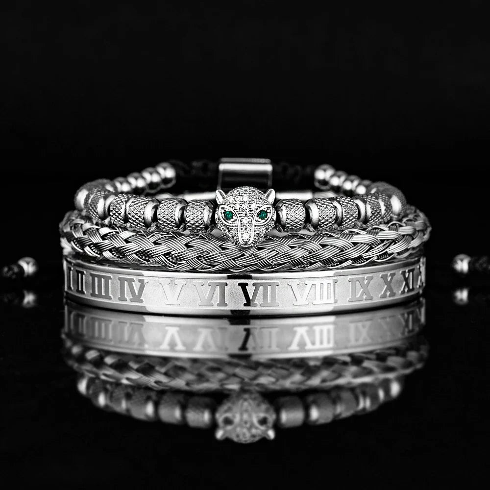 Benjamin Two-Piece Set | Beaded Panther Charm Braided Cuff Bracelet Set