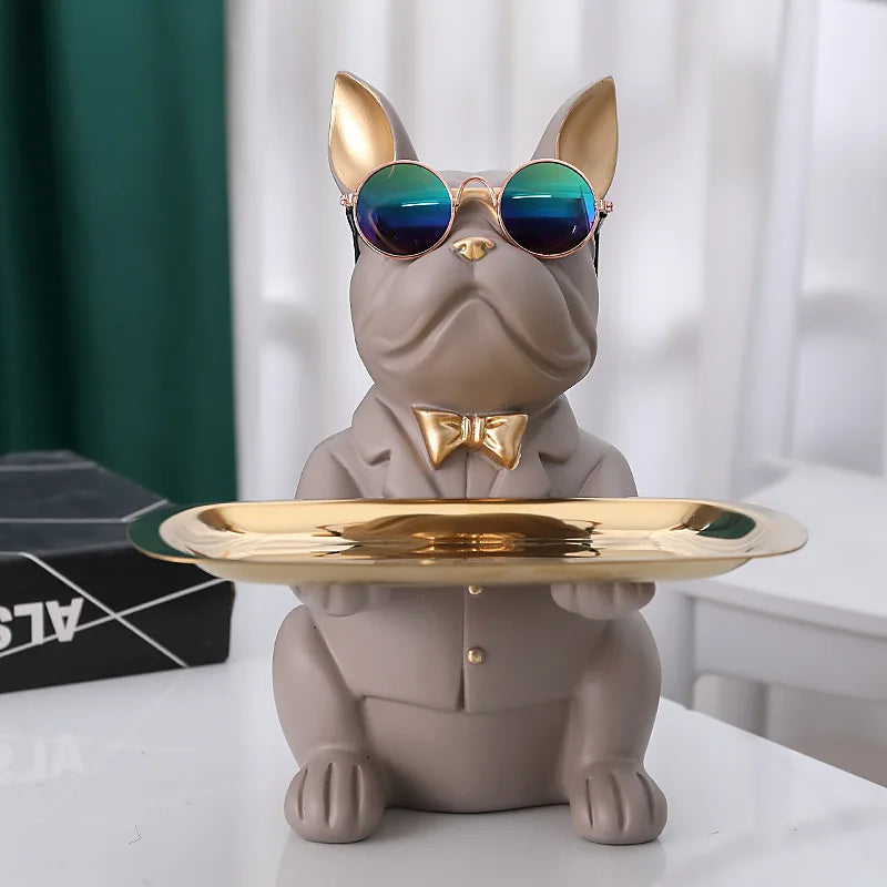 Contemporary Bulldog Figurine Tray with Gold Bow Tie