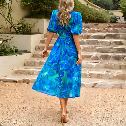 Women's Midi Dress - V-neck - Short Puff Sleeves - Fitted Waist - Floral Design