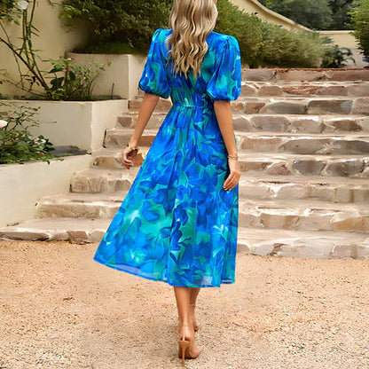 Women's Midi Dress - V-neck - Short Puff Sleeves - Fitted Waist - Floral Design