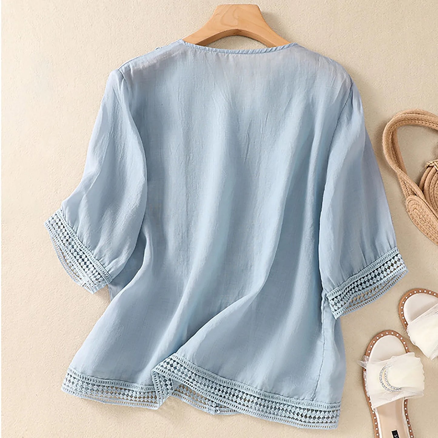 Lace Trim V Neck Blouse for Women – Lightweight Elegant Comfort