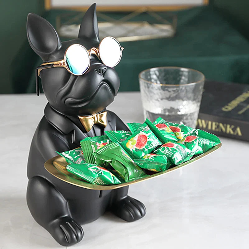 Contemporary Bulldog Figurine Tray with Gold Bow Tie
