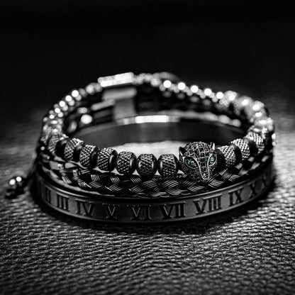 Benjamin Two-Piece Set | Beaded Panther Charm Braided Cuff Bracelet Set