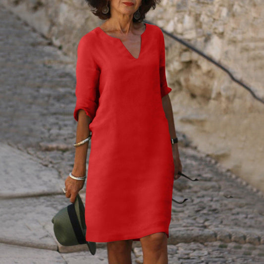 Women's Dress - V-neck - Short Sleeves - Loose Fit - Knee Length