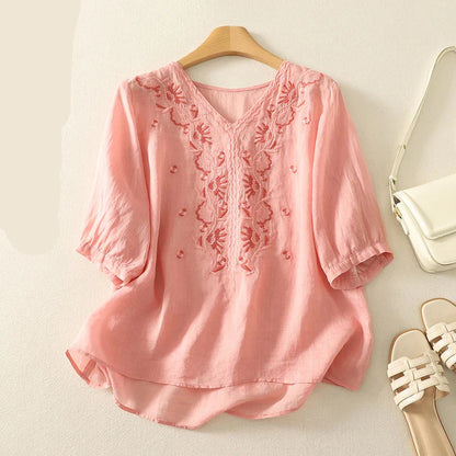 Embroidered V-Neck Blouse for Women – Relaxed Everyday Elegance