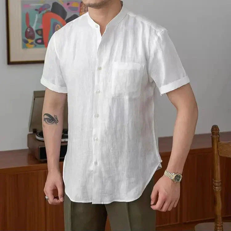 Men's Shirt – Relaxed Fit – Linen – Mandarin Collar – Long Sleeves – Button Closure