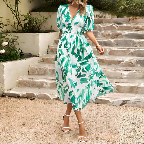 Women's Midi Dress - V-neck - Short Puff Sleeves - Fitted Waist - Floral Design