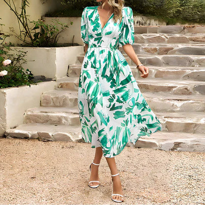 Women's Midi Dress - V-neck - Short Puff Sleeves - Fitted Waist - Floral Design