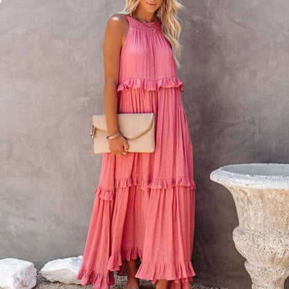 Women's Maxi Dress - Sleeveless Long Model - Airy Design with Ruffle Details